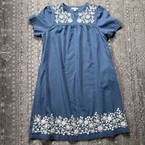 Go Softly Patio Denim Floral Embroidered Muumuu Dress Blue Cotton Medium Cottage